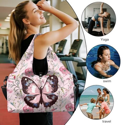 Yoga Mat Bag for Men Women Canvas Yoga Mat Carrier Take In Out Mat Easily for Beach Swim Bags Pool Sports Gym - color: Butterfly pink