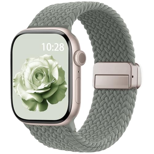 Braided Stretchy Magnetic Band Compatible with Apple Watch Bands Women Men - color: Green Gray, size: 38mm/40mm/41mm/(42mm-series 11 10)