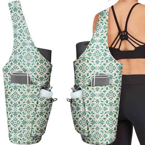 Yoga Bag for Women, Large Yoga Mat Bag Tote Carrier with Wet Dry Pocket | Water Bottle Holder & Adjustable Strap, Fits 1/2" Thick Yoga Mat for Gym, Pilates, Travel, Work - color: Green Flowers