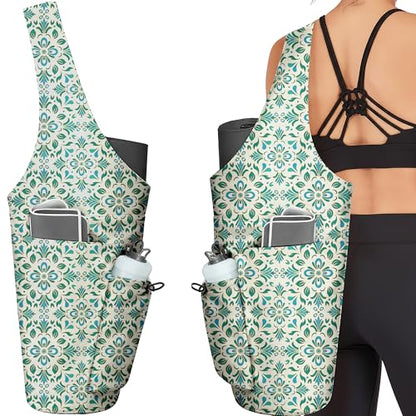 Yoga Bag for Women, Large Yoga Mat Bag Tote Carrier with Wet Dry Pocket | Water Bottle Holder & Adjustable Strap, Fits 1/2" Thick Yoga Mat for Gym, Pilates, Travel, Work - color: Green Flowers