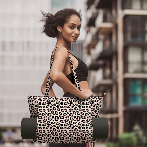 Yoga Bag for Women, Large Canvas Yoga Mat Tote Bag with Yoga Mat Carrier | Large Mat Pocket Fitness Tote for Pilates, Gym, Travel, Office & Beach - color: Leopard print