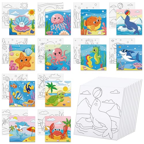 Anseal 12 Packs Pre Drawn Canvas to Paint, 4" X 4" Ocean Pre-Printed Paint Party, Pre Stretched Canvas Outline Painting Boards for Beginners, Party Favor - style: Ocean