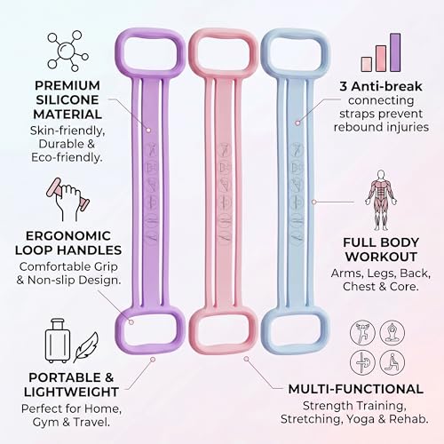 3 Pack Resistance Bands with Handles, Shoulder Trainer for Physical Therapy Home Workout Pilates, Ergonomic Grip Durable Exercise Bands - color: Pink , Blue , Purple