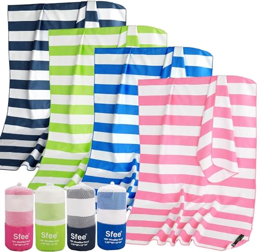 Sfee 2 in 1 Microfiber Beach Towel, Quick Dry Towel Camping Towel Travel Towel Super Absorbent Compact Lightweight Sports Gym Towels Set for Beach, Gym, Hiking, Pool, Backpacking, Bath, Yoga - color: Pink Stripe, size: L 60"x30"+24"x15"
