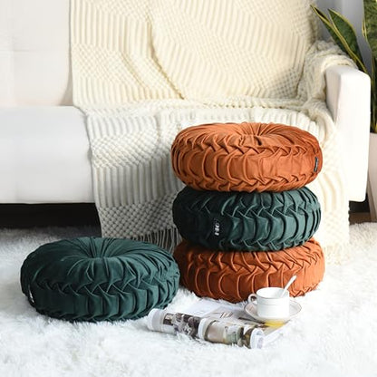 HIG Set of 2 Emerald Velvet Decorative Round Pleated Throw Pillows - color: Emerald