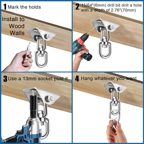 2-Pack Hammock Hanging Kit, 360-Degree Swivel Heavy-Duty Swing Hooks, Supports 1200 lbs, Stainless Steel Swing Hardware for Hammocks, Playgrounds, Yoga, Chairs & Heavy Bag. Installs on Concrete/Wood.