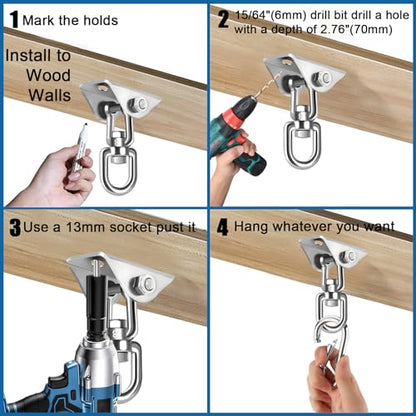 2-Pack Hammock Hanging Kit, 360-Degree Swivel Heavy-Duty Swing Hooks, Supports 1200 lbs, Stainless Steel Swing Hardware for Hammocks, Playgrounds, Yoga, Chairs & Heavy Bag. Installs on Concrete/Wood.