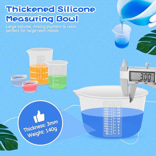 Silicone Resin Mixing Measuring Cups for Resin Supplies, 600ml/20oz Bowl, 250 & 100ml Thickened Reusable Silicone Cups for Epoxy Mixing, with Stir Sticks and Pipettes, Jewelry Making - size: 600+250+3*100ml (Transparent Marks)