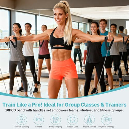 20PCS Resistance Bands with Handles for Gym Members Sports Class Students Gift, Exercise Bands 20 Lb for Full Body Training, Strength & Rehab Recovery, Fitness Tube Bands for Men and Women