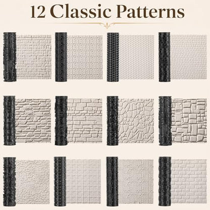 Conderyang 13Pcs 3D Printed Clay Texture Roller Set 12-Pattern Clay Roller with Handle Handheld Pottery Rollers Texture Wheel Polymer Tools for Artists Pottery Creation Ceramic Modeling DIY (Black)