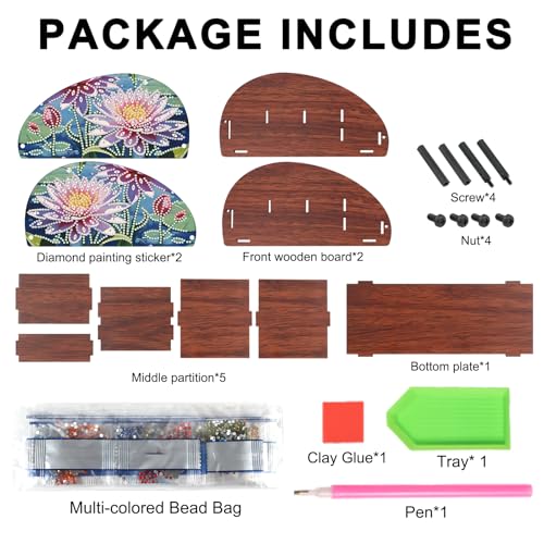 DIY Diamond Painting Storage Box, Pink Lotus Design Handmade 5D Diamond Art Case Multi-Compartment Wooden Desktop Organizer for TV AC Remotes Makeup Brushes Pens Holder Tabletop Craft Storage - color: Lotus