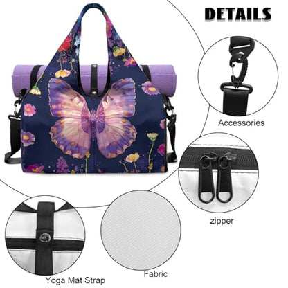 Yoga Mat Bag for Men Women Canvas Yoga Mat Carrier Take In Out Mat Easily for Beach Swim Bags Pool Sports Gym - color: Butterfly purple