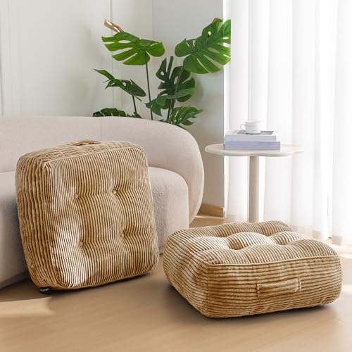 HIGOGOGO 8" Extra Thick Floor Pillow Cushion for Adults, Meditation Cushion Pillow, Large Square Floor Sitting, Tufted Corduroy Cover, for Tatami Living Room or Yoga, 22x22 Inch, 2Pack, Coffee - color: Square Coffee, size: 8" Thick(Pack of 2)