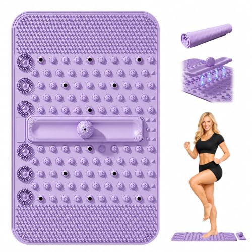 Soft TPR Extra Large Acupressure Foot Massage Mat With Removable Ball | 12 Magnets, Silicone-Like TPR, 24.4" x 15.7" Roll-Up Under Desk Foot Massager For Plantar Fasciitis And Foot Pain Relief - color: Purple