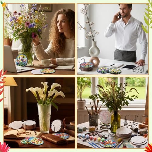 Reallnaive 8 Pcs Flower Paint by Numbers Kit for Adults Wood Floral Coaster | Mini Paint by Numbers, Tiny Round Oil Painting Drink Coaster with Holder, for Small DIY Craft Birthday Gift - style: Floral