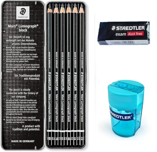 Staedtler Mars Lumograph Black Artist Wooden Lead Pencil - Box of 6 (8B 7B 6B 4B 2B HB) in Metal Box- with Tub 2-Hole Sharpener and Free Eraser