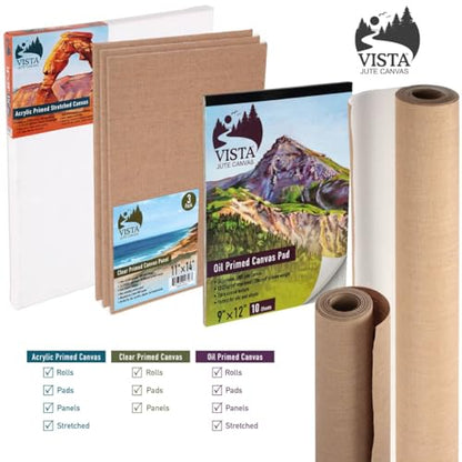 Vista Jute Acrylic-Primed Canvas Panels - 8"x10", 3 Pack - Blank Canvas for Traditional Oils, Eco Friendly, 100% Jute, Triple-Primed, Extra Coarse Texture, Ideal for Dry Brush and Impasto Techniques - size: 8"x10"