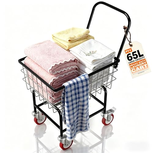 PYY Wire Laundry Cart - 2 Bushels Heavy Duty 7/8" Wire Laundry Basket with Wheels & Handle, 130LBS Load Capacity, 5-Inch Lockable Rolling Wheels, Anti-Rust Finish, Rubber Bumpers, Black 65L - color: Black
