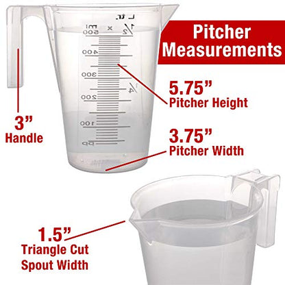 TCP Global 1/2 Liter (500ml) Plastic Graduated Measuring and Mixing Pitcher (Pack of 6) - Holds Over 1 Pint (16oz) - Pouring Cups, Measure & Mix Paint, Resin, Epoxy, Kitchen Cooking Baking Ingredients - size: 500ml