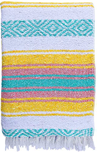 El Paso Designs Boho Blanket | Soft Woven Mexican Meditation Falsa | Perfect for Boho Home Decor, Yoga Towel, Patio, Beach Blanket, Sofa, Couch Cover (Yellow Teal Pink) - color: Yellow Teal and Pink