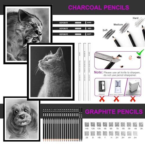 HIFORNY 70 PCS Drawing Set Sketching Kit,Sketch Pencils Art Supplies with Graphite,Charcoal,Blending Tools & Accessories,Portable Zippered Travel Case for Artists & Beginners