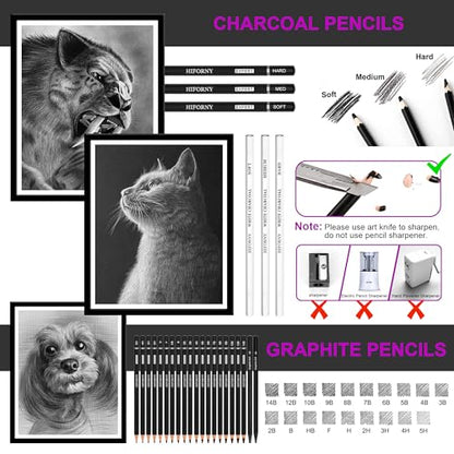HIFORNY 70 PCS Drawing Set Sketching Kit,Sketch Pencils Art Supplies with Graphite,Charcoal,Blending Tools & Accessories,Portable Zippered Travel Case for Artists & Beginners