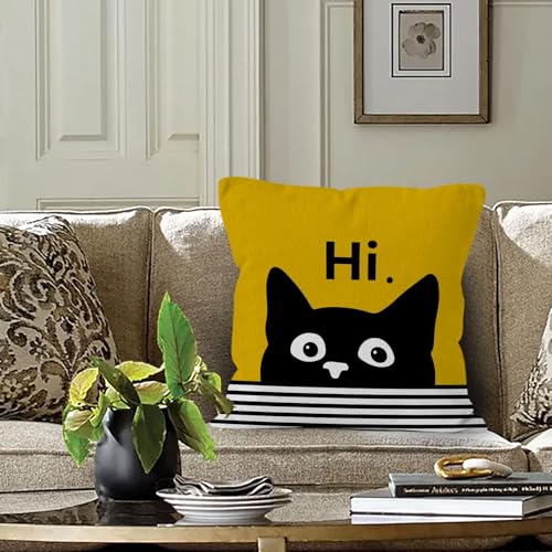 Black Cat Pillow Cover 18x18, Black Cat Decor, Yellow Whimsical Cats Pillow Covers for Couch Bedroom Home, Black Cats Gifts - color: Black Cat Hi