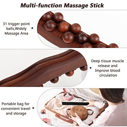 Guasha Wood Massage Stick Tools,31 Beads Back Massage Roller Stick,Lymphatic Drainage Massager for Body Shaping (31beads)