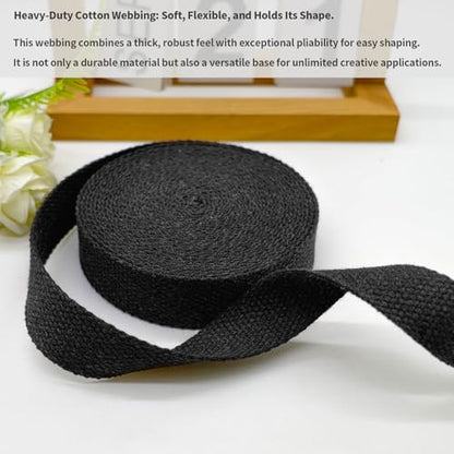 Black Heavy‑Duty Cotton Webbing Strap 1''x6yds for Bags | 2mm thick webbing for dog collars, backpack, bag handles, apron straps, slings, sewing repairs & DIY craft projects. - color: Black
