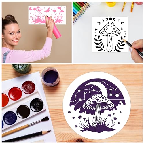 Keluna Mushroom Stencils for Painting, 18 Pcs Bohemian Art Craft, 12 Inch Large Reusable Crescent Moon Phase Drawing Template for Wood Wall Canvas Home Decor - style: mushroom