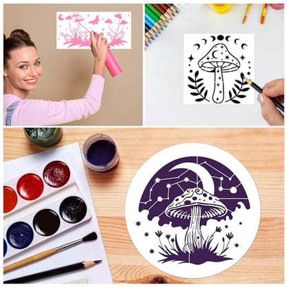 Keluna Mushroom Stencils for Painting, 18 Pcs Bohemian Art Craft, 12 Inch Large Reusable Crescent Moon Phase Drawing Template for Wood Wall Canvas Home Decor - style: mushroom
