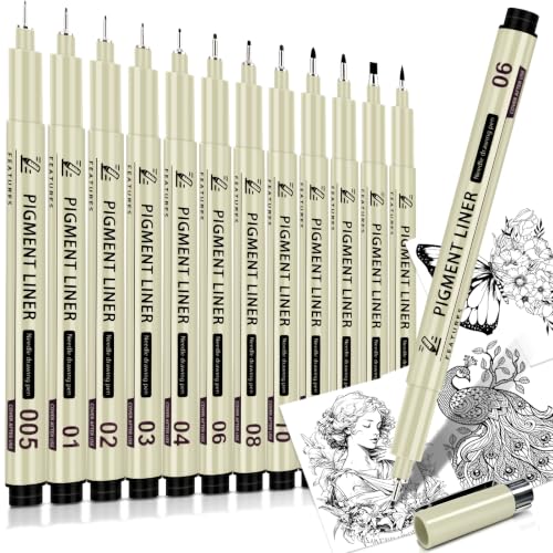 Micro Fineliner Pens 12 Types of Pen Nibs Fine Point Black Waterproof Drawing Pens, Archival Pigment Ink Sketching Supplies, Artist Inking Markers for Manga Journaling Illustration - color: 12 Tip Sizes