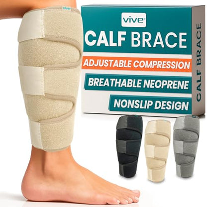 Vive Calf Brace - Adjustable Shin Splint Support - Lower Leg Compression Wrap Increases Circulation, Reduces Muscle Swelling - Calf Sleeve for Men and Women - Pain Relief (Beige) | Wrap Increases Circulation, Reduces Muscle Swelling - Calf Sleeve for Men