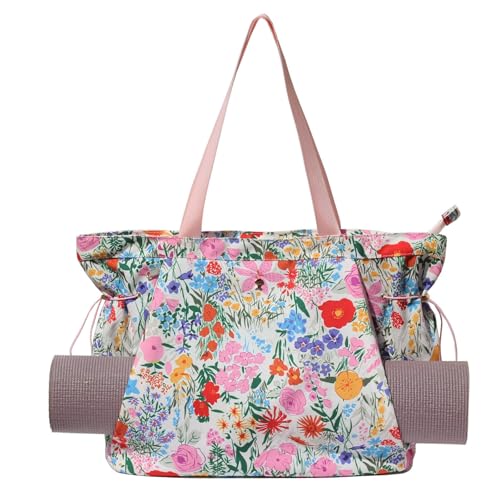 ESVAN Yoga Tote Bag for Women Drawstring Canvas Shoulder Bags for Workout Travel Carryall Pilates Gym and Beach - color: Pink Flower