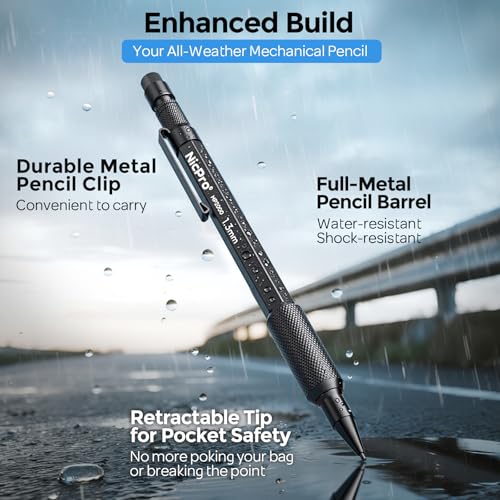 Nicpro 3 PCS 1.3 mm Mechanical Pencils Set with 48 Lead Refill, 3 Eraser | MP2000 Black Weatherproof Metal Barrel, Heavy Duty Carpenter Pencil for Outdoor Construction Marking Drafting and Drawing - style: 3 Pack (Black)