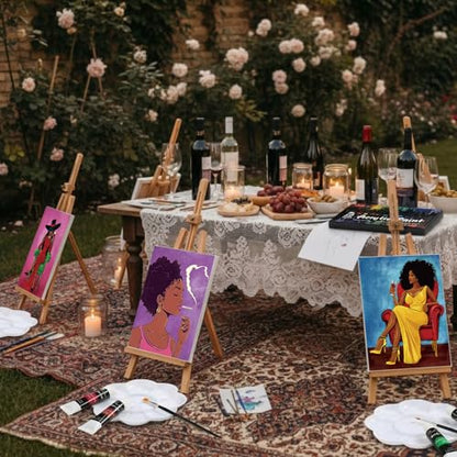 Cholemy 36 Pcs Paint and Sip Kit Gift for Adults 8''x10'',Wine Lady | Pre Drawn Canvas, Painting DIY Afro Acrylic Painting Kit, Wood Easel Brushes, Date Night Bulk, Summer Halloween Party - style: Wine Lady