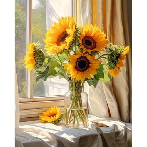 PRASIO Paint by Numbers Kit for Adults Flowers Sunflower Easy Adult Paint by Number Kits DIY Acrylic Watercolor Oil Paint by Number for Adults Beginner for Home Decor Gift 16x20 Inch - color: XM-OP-WindowsillSunflowers-4050