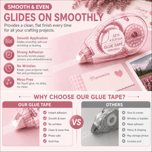 MARCADORUS Double Sided Tape Roller, Scrapbook Glue Tape 6 Pack, Extra-Long | 52 Ft x 0.31 In Each, 312 Ft Total; Permanent, Acid-Free, Photo-Safe Tape for Scrapbooks, Journals, Cards & Crafts - size: 52.5 Ft x 0.31 In : 6 Pack