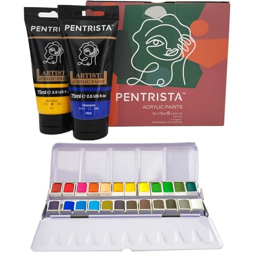 Heavy Body Acrylic Paints 12 Colors*75ml, 24 Colors Solid Watercolor Paints in Tin Box, 1 Refillable Water Brush Pen, Art Crafts Paint for Canvas Professional Paint Sets for Artists Students