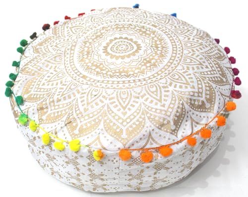 ICC Floor Pillows & Cushion covers Decorative Hippie Mandala Pouf Pillow covers Seating Meditation Cushion Cover Large Boho Ottoman Case Pillowcase Couch White Gold Ombre 16" Round - color: White Gold, size: 16"D x 16"W x 5"H