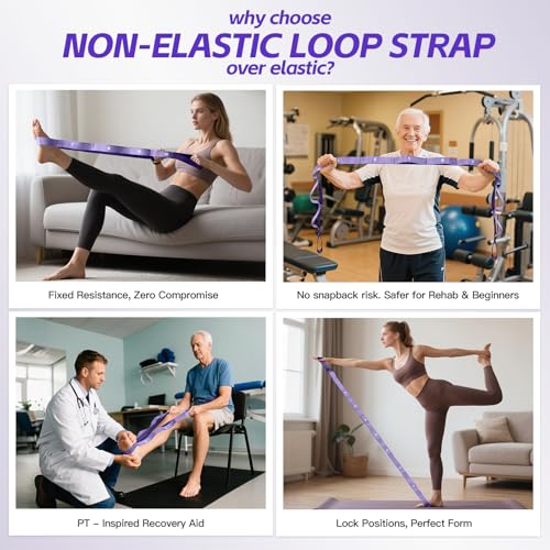 Non Elastic Stretching Strap with Loops - Yoga Straps for Physical Therapy, Durable Stretch Bands for Exercise, Flexibility Training, Hamstring & Leg Stretcher, Yoga/Pilates/Gymnastics - color: Purple