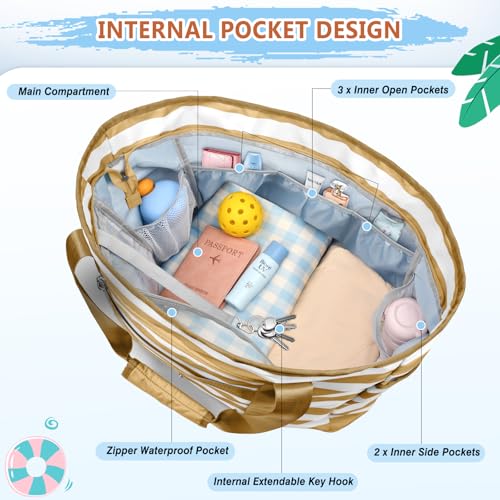 Extra Large Beach Bags for Women, Waterproof Sandproof Beach Tote Bag Foldable Swim Pool Bag with Zipper and Wet Pocket - color: Brown White