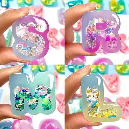 FUNSHOWCASE Alphabet Resin Shaker Molds Kawaii Keychain Charm Set Pack of 58 Silicone Trays Seal Films Precision Tip Applicator Bottle Kit Bundle - color: Alphabet Craft Pack of 58