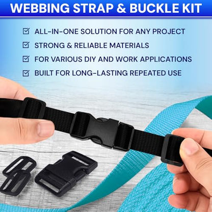 TECEUM 3/4" Nylon Strap Kit with Buckles, Black 6 yards Repair Set | Heavy duty hardware kit: 6yd webbing, 6 quick release buckles, 12 tri-glide slide clips, 6 metal D-rings for crafting. - color: Black, size: 3/4" - 6 yards, style: 6 Buckle - 12 Slides -