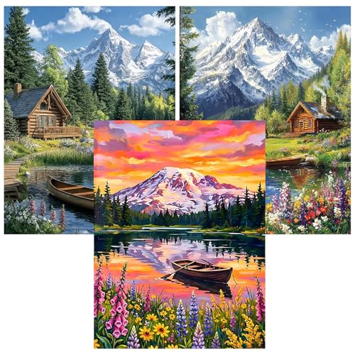 3 Pack Diamond Painting Kit for Adults-Lake Landscape Diamond Art Kits | 5D DIY Full Round Drill Diamonds Gem Art Set for Home Wall Decor 12x16inch (Cabin by the Lake) - color: Lake Landscape