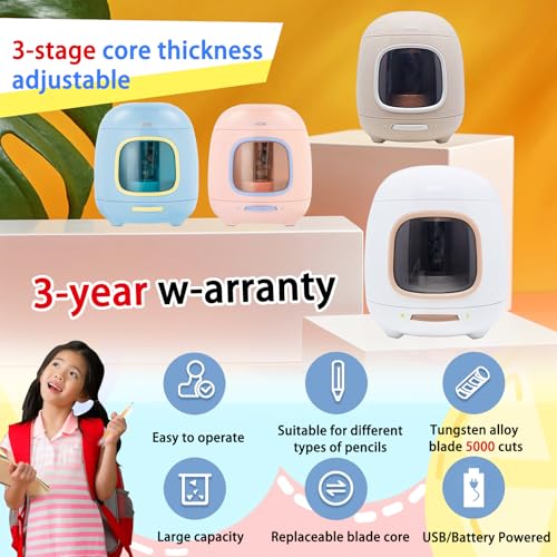 Electric Pencil Sharpener,5000 Times for Blade,Interchangeable Blade,3 Years Warranty,Battery/2A USB Powered,Suitable for 6-8mm, for Home, Office, School (Pink) - color: Pink