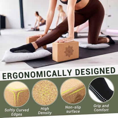 Outus 2 Pcs Yoga Accessories Cork Yoga Blocks Set 2 Cork Fascia Balls 5 Gray Gradient Series Resistance Bands 2 Black Socks and Balck Stretching Strap for Women Pilates, Stretching and Toning