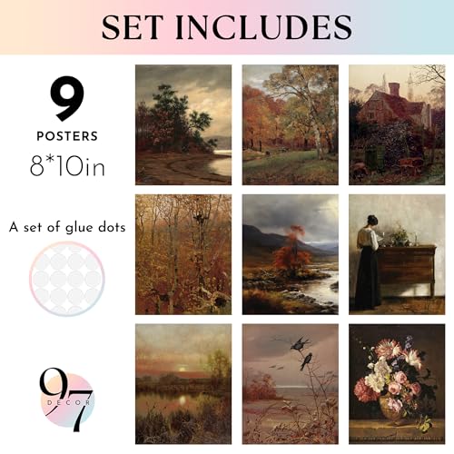 97 Decor Vintage Fall Wall Art, 9 Pcs Farmhouse Prints, 8x10 Unframed | Rustic autumn landscapes, French country decor, neutral moody tones, living room and bedroom, cardstock - color: Rustic Farmhouse
