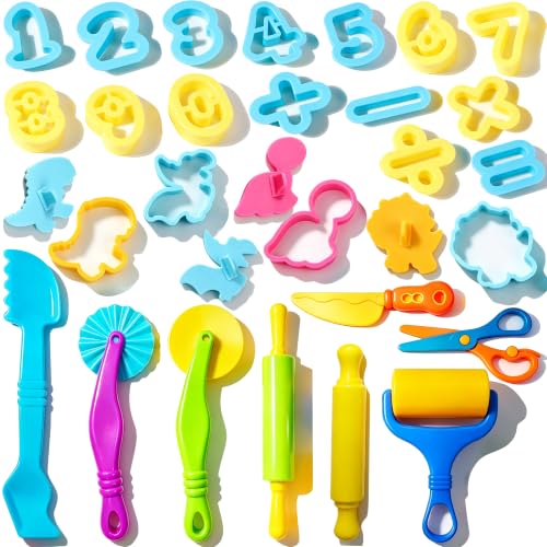 Dough Tools Sets for Kids Ages 3-8, 30 Pcs Playdough Tools Set Accessories Toys Includes Cutters Roller, Rolling Pins, Safety Scissors, Plastic Knife, Plastic Rollers - size: 30pcs