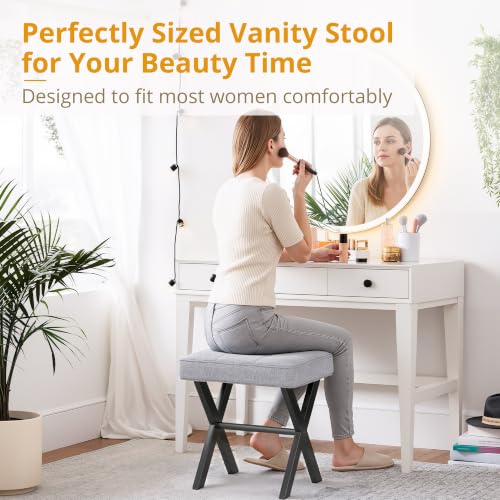 LUE BONA Vanity Stool - Square Linen Makeup Seat With Metal X Legs, Small Ottoman Chair for Makeup Room, Living Room, Bathroom - Modern Padded Foot Rest, Dark Gray - color: Dark Gray